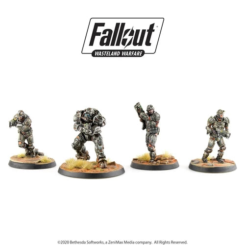 Lineup of four assembled and painted Brotherhood of Steel Frontline Knights miniatures on scenic bases