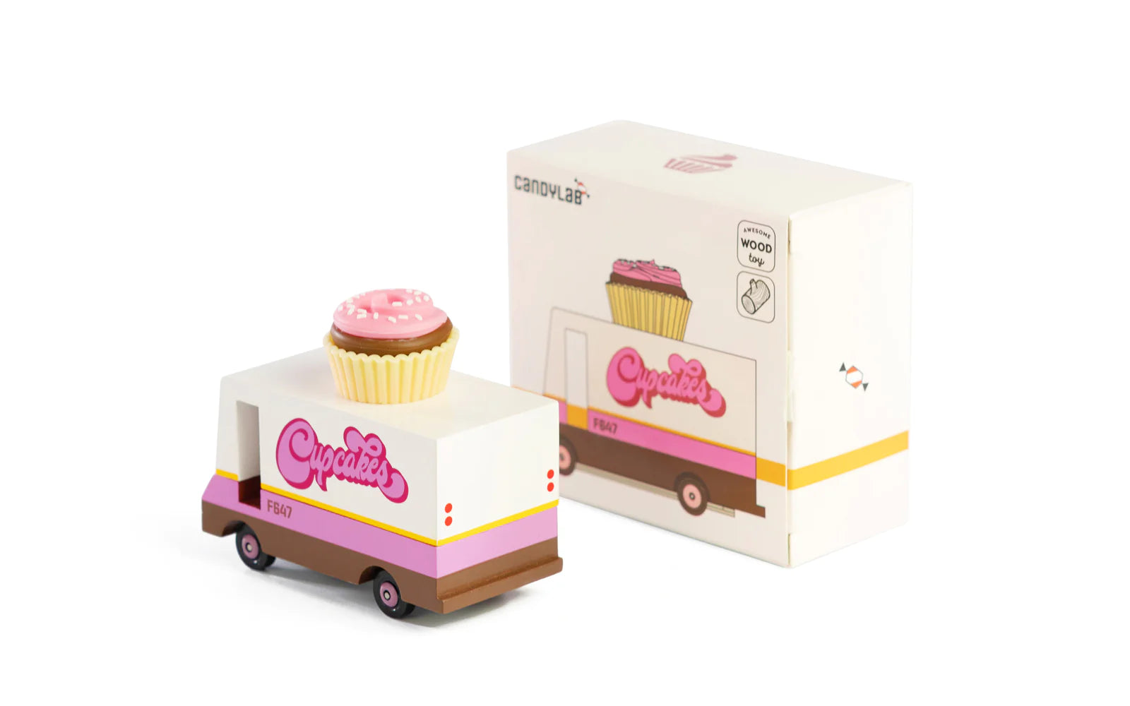Candylab Toys Cupcake Van – Wooden Toy Car with Branded Box Packaging