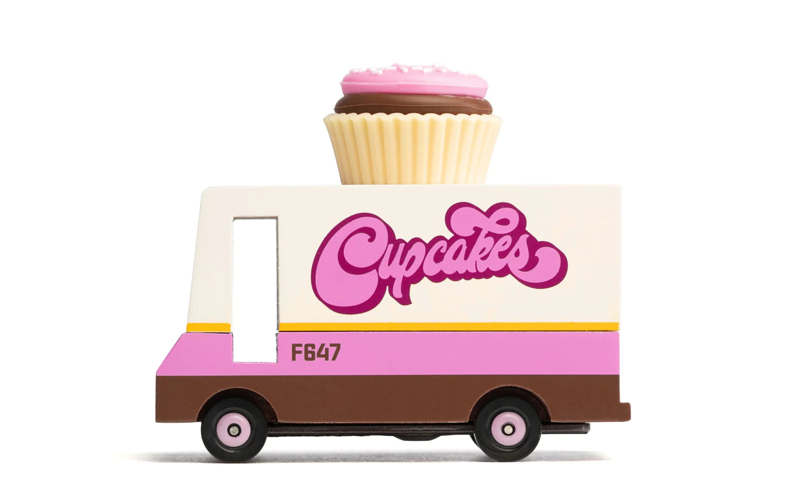 Candylab Toys Cupcake Van Wooden Vehicle – Side View with Retro Cupcakes Logo