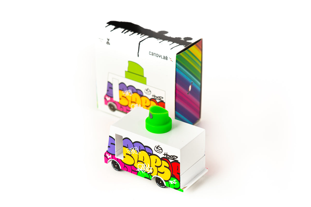 Candylab Toys Graffiti Green Wooden Vehicle – Rear Angle Displaying Street Art Graphics