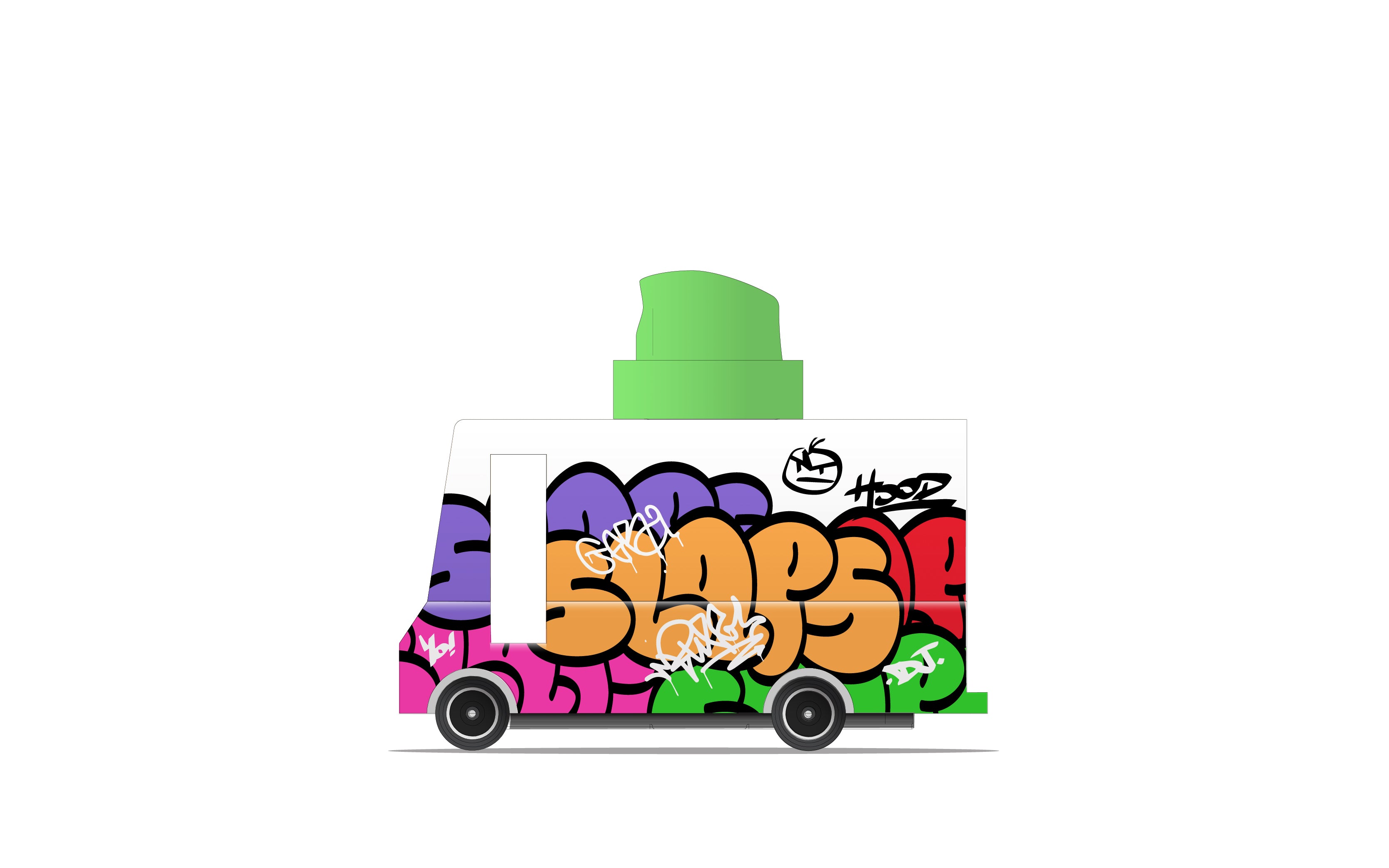 Candylab Toys Graffiti Green Wooden Vehicle – Side View with Vibrant Graffiti Design