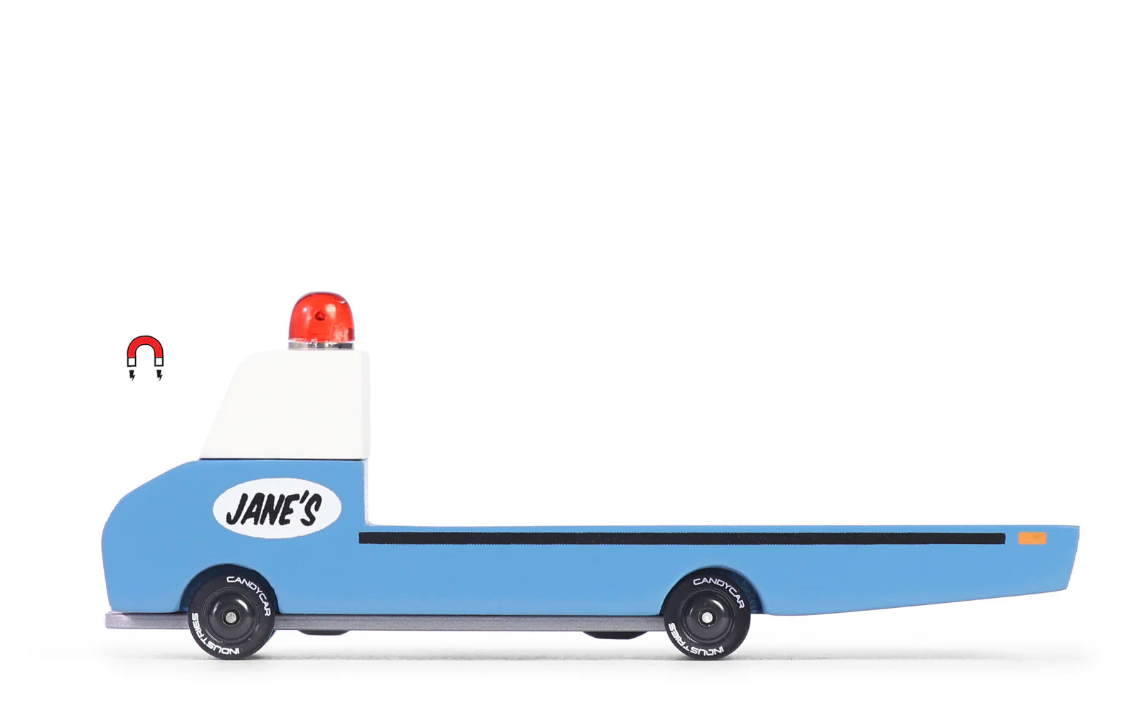 Candylab Toys Jane’s Tow Truck Wooden Vehicle – Side View Showing Magnetic Flatbed