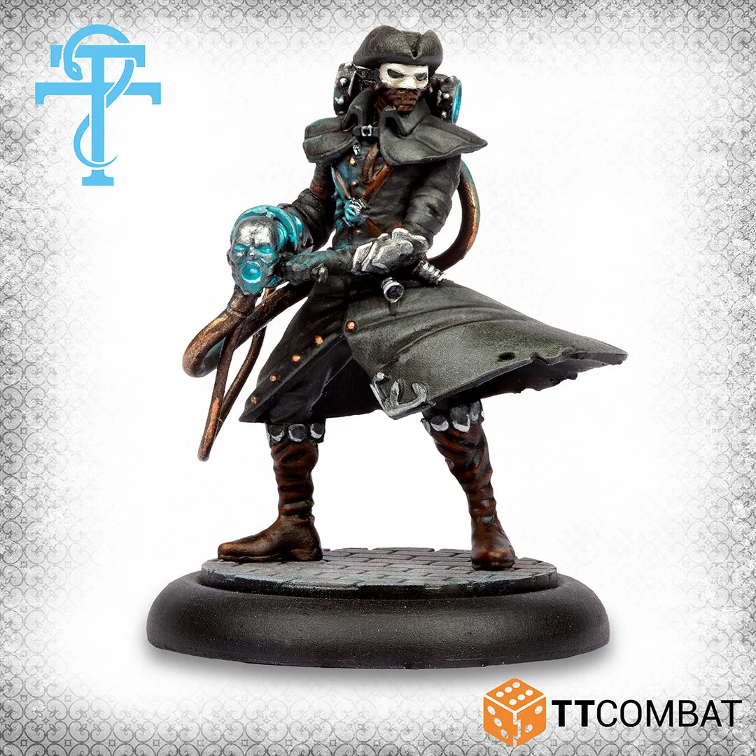 Studio painted model of the Doctor of the Arsenal holding a glowing blue energy cannon connected to power tubes