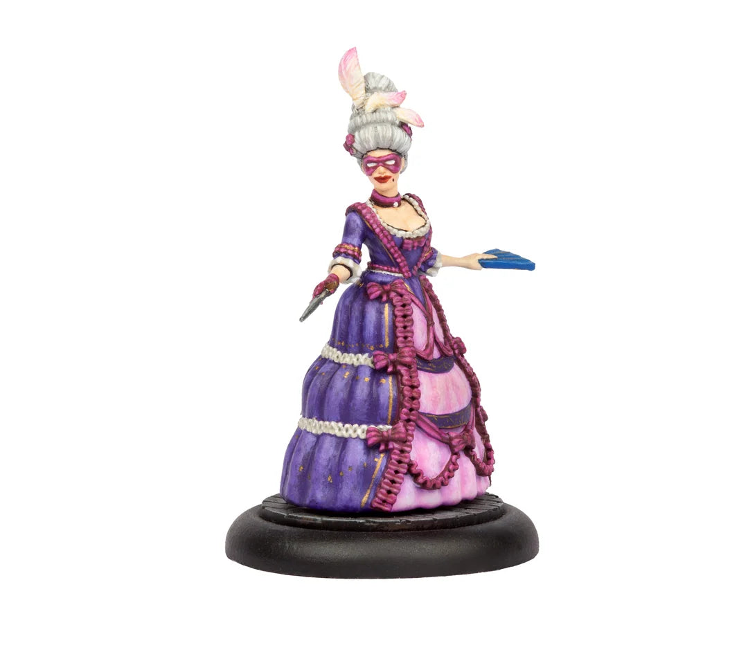 Studio painted model of a female Barnabotti miniature wearing an elaborate purple ball gown and masquerade mask