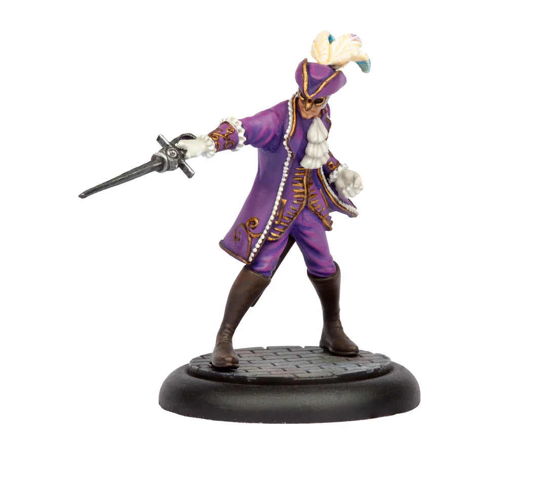 Close up view of a male Barnabotti miniature holding a dueling rapier and wearing a purple coat with feather hat