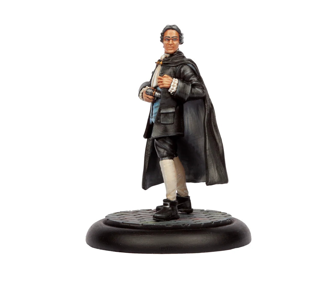 Studio painted model of a Household Staff butler miniature wearing a black cloak and formal waistcoat