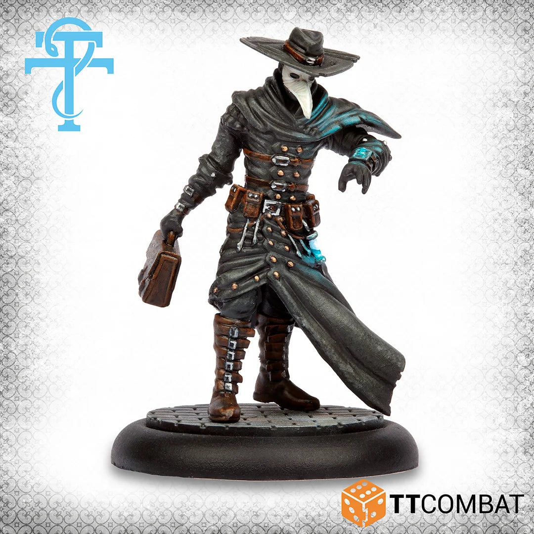 Close up view of a painted Carnevale Plague Doctor miniature wearing a bird beak plague mask and leather trench coat