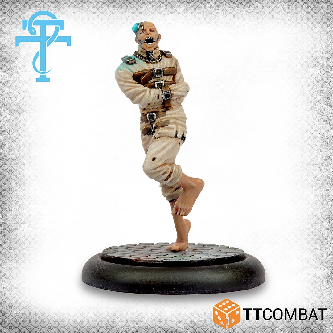 Studio painted model of a Madman miniature bound in a straitjacket running forward on a display base