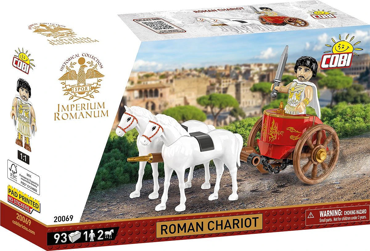Front view of COBI 20069 Roman Chariot box featuring a Triumphant General and two white horses.