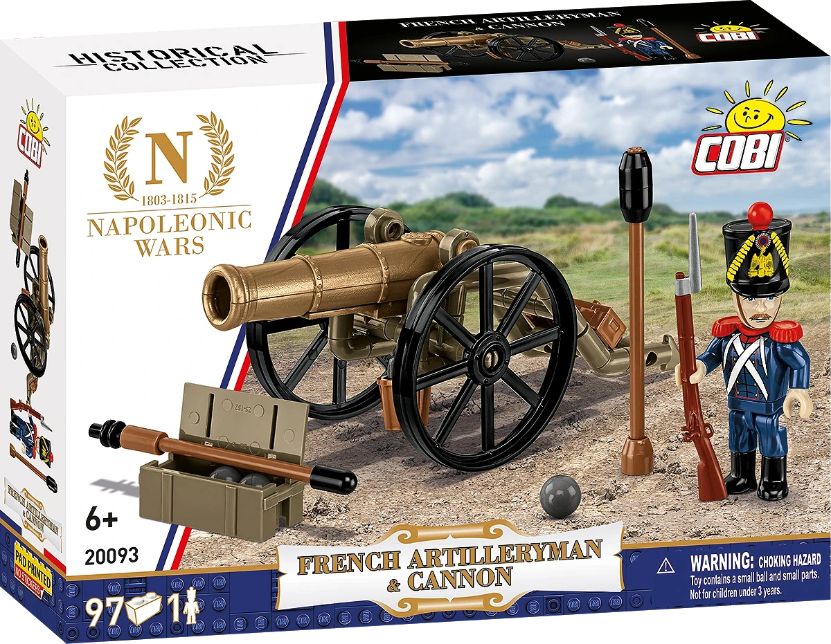 COBI 20093 Napoleonic Wars French Artilleryman and Cannon retail box showing 97 pieces and historical branding.