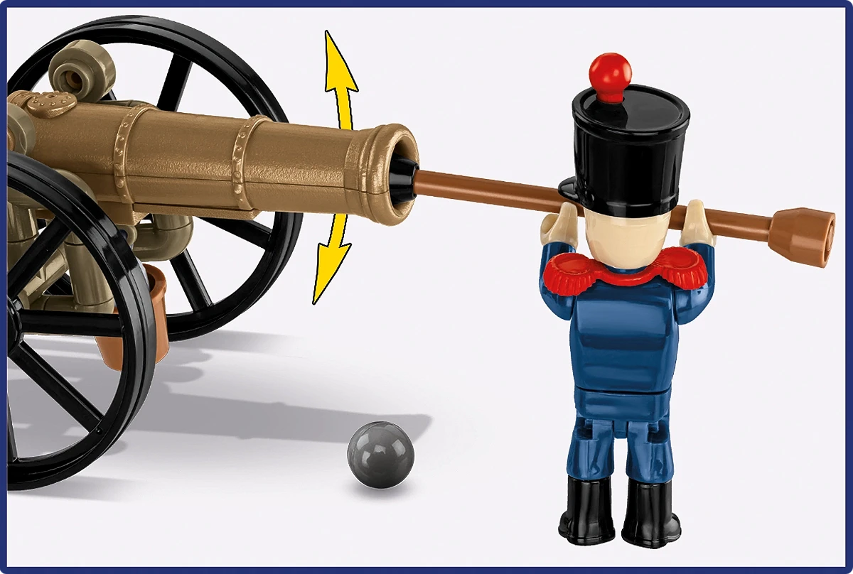 Close-up of the COBI 20093 feature showing the artillery cleaning rod accessory loading the cannon barrel.