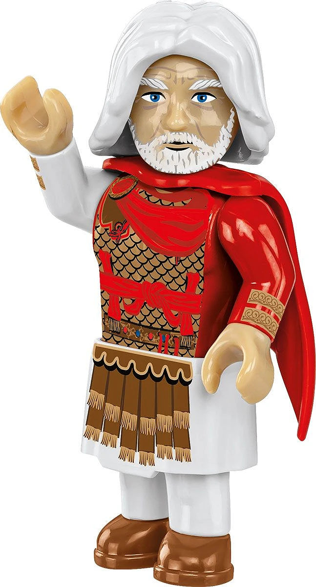 Close up of the COBI Marcus Aurelius figure with detailed pad-printed toga and white hair