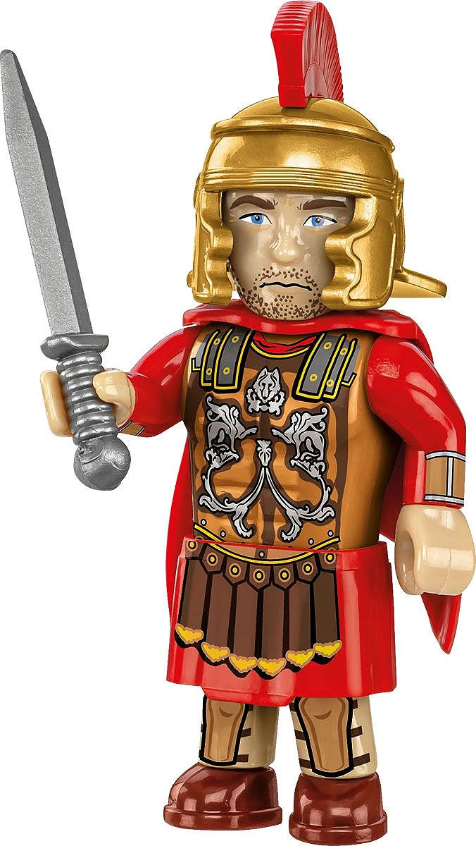 Detailed view of the COBI Roman General figure in gold armor with a red cape and gladius sword.