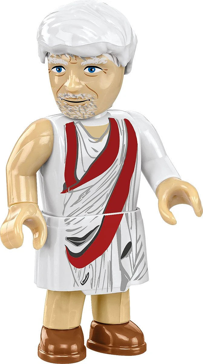 Close up of the COBI Roman Senator figure featuring a white toga with red stripe details