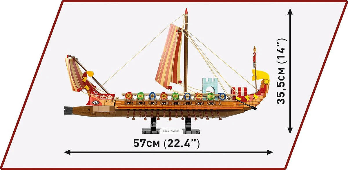 Side profile of the COBI Roman Warship showing 57cm (22.4 inch) length and 35.5cm (14 inch) height.