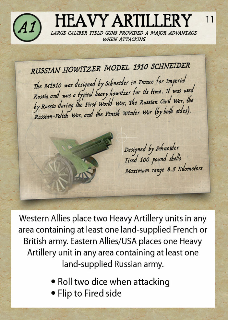 Heavy Artillery technology card detail for Russian Howitzer Model 1910 Schneider with combat modifiers