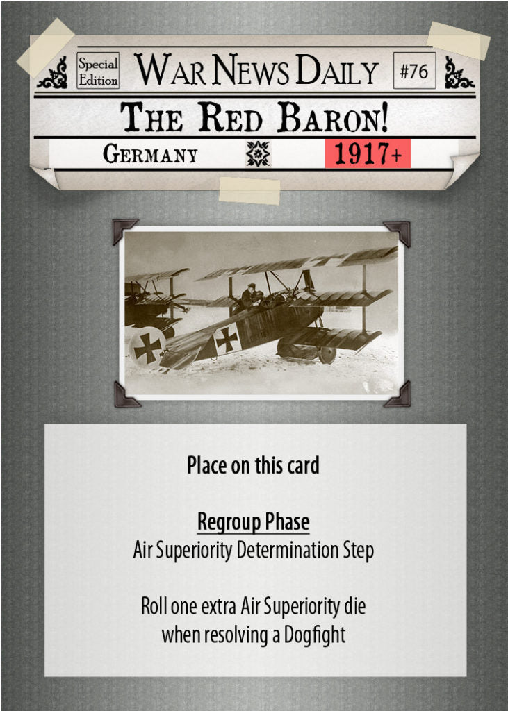 Special Edition War News Daily event card detail for The Red Baron featuring German air superiority bonuses