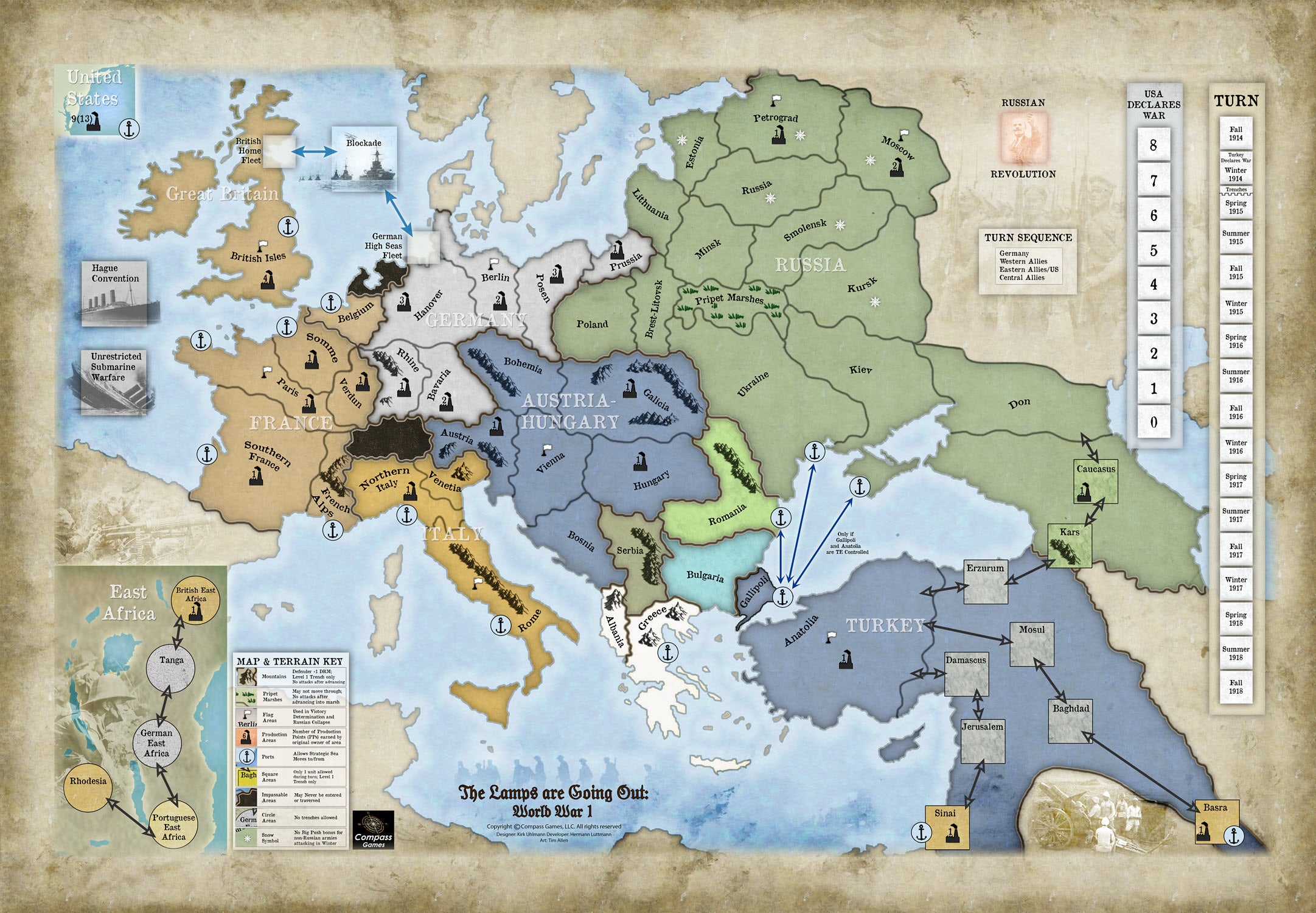 Full mounted area control map board showing Europe the Near East and East Africa theaters with turn tracks
