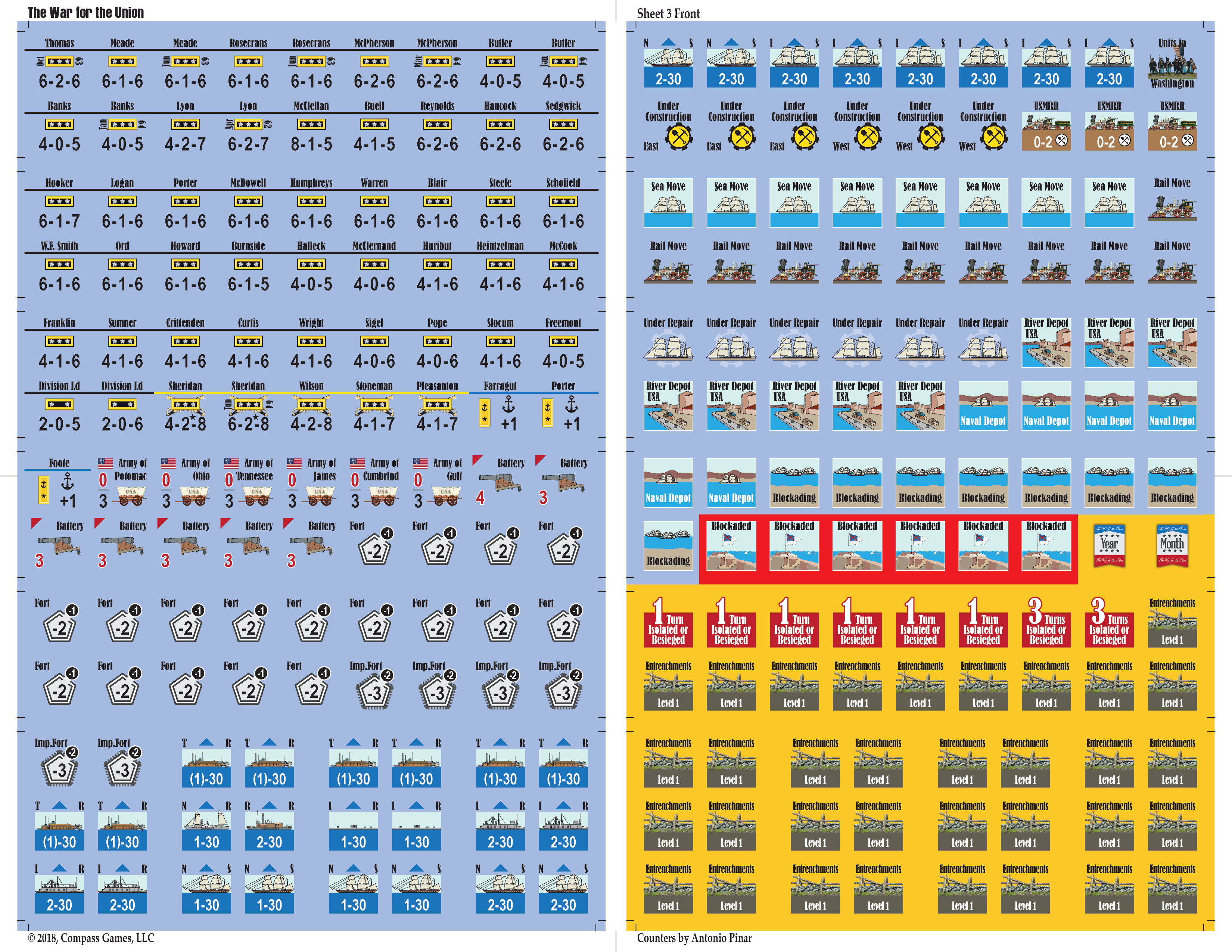Printed wargame countersheets showing historical army commanders divisional assets entrenchments and naval transport chits