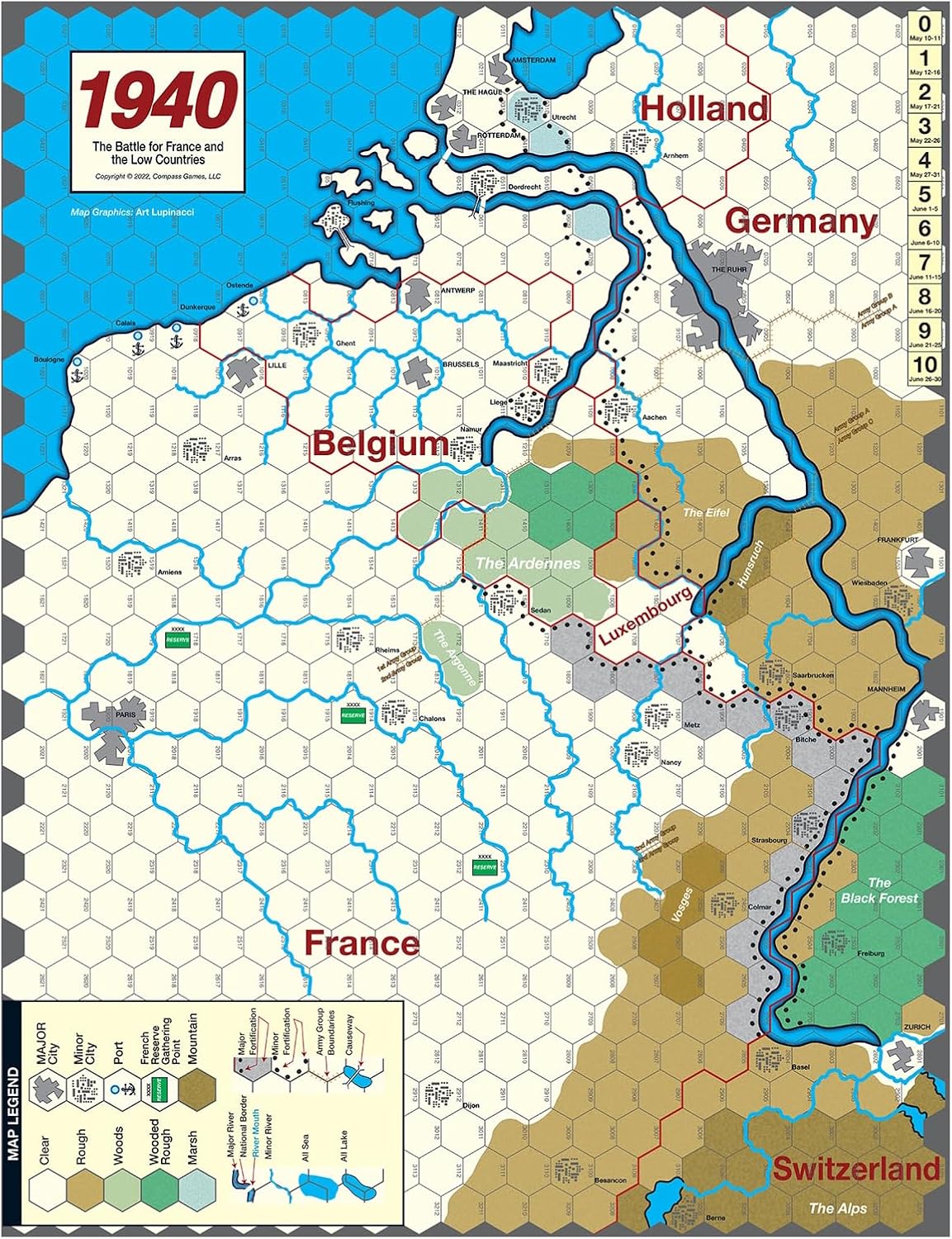 Full tactical layout of the 1940 map tracking the Battle of France Belgium Germany Holland and the Ardennes hex grid