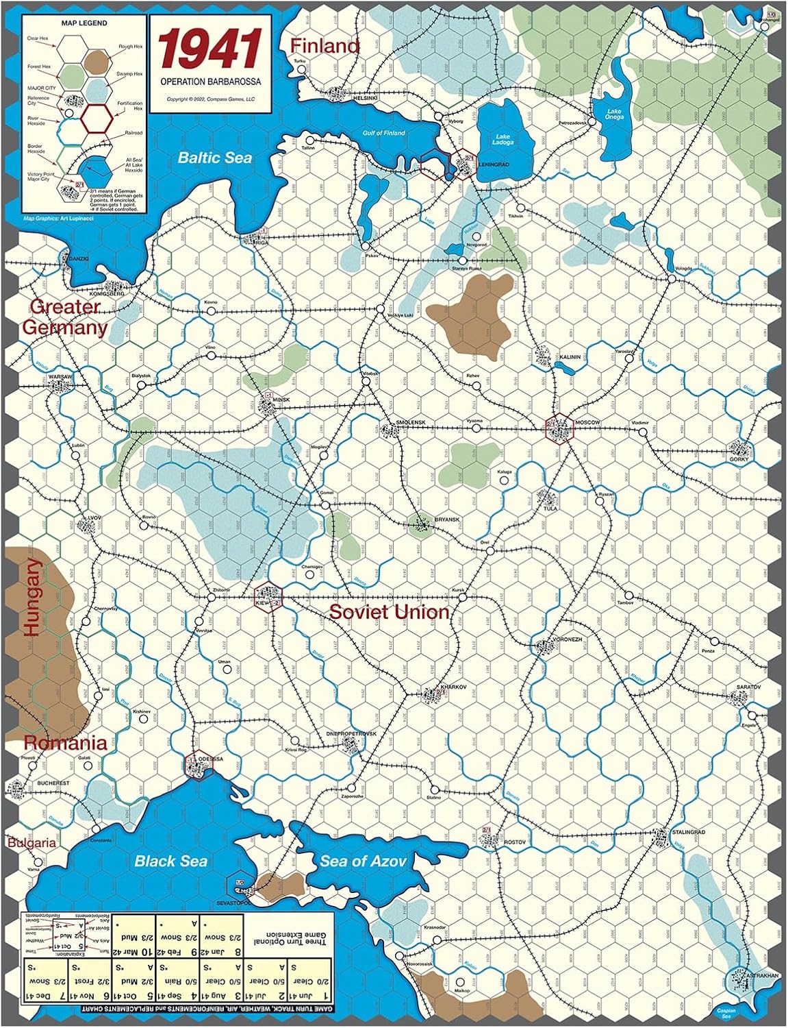 Full tactical layout of the 1941 Operation Barbarossa map tracking frontline hex routes across the Soviet Union