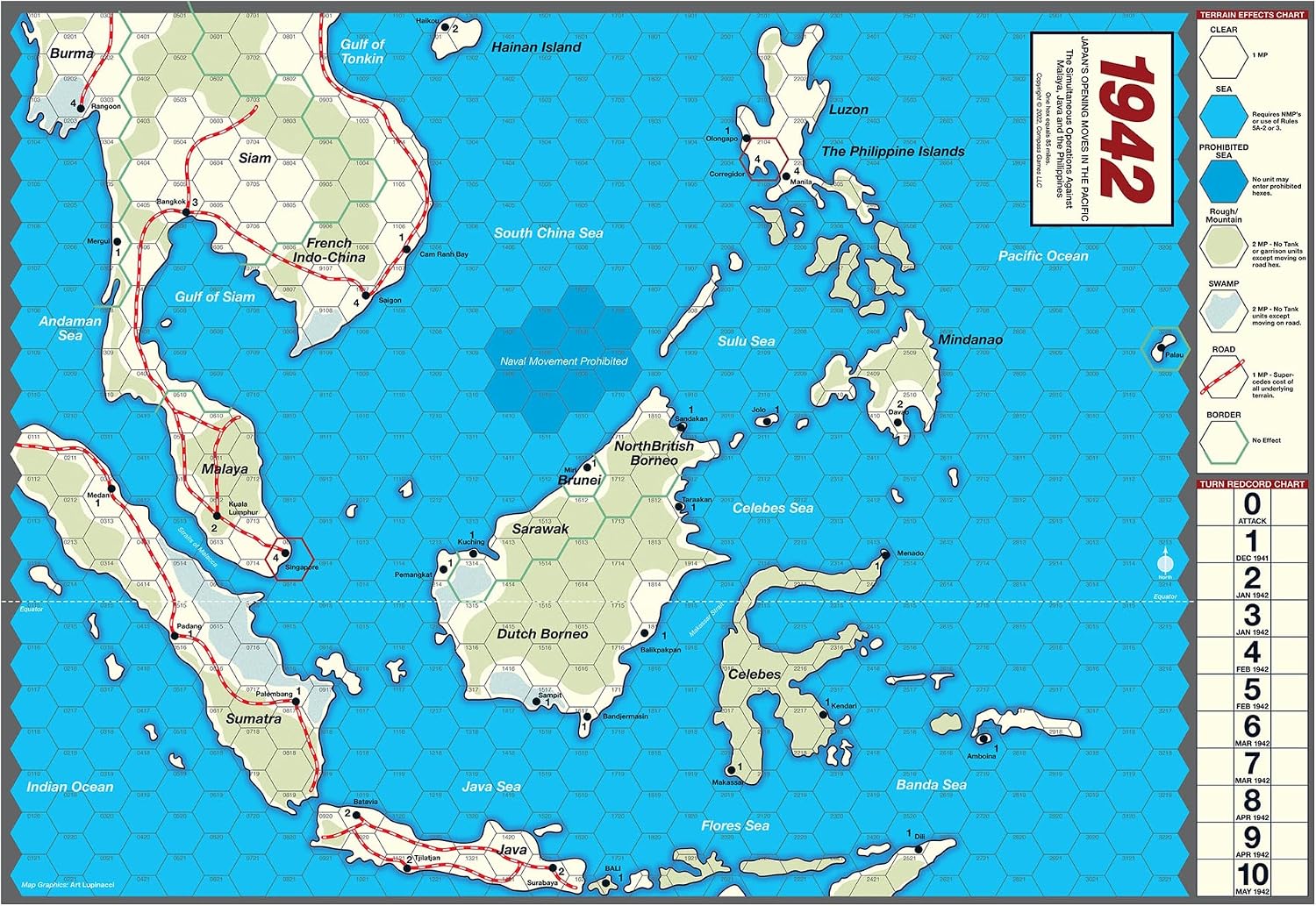 Full tactical layout of the 1942 Pacific War map tracking naval hex pathways through Southeast Asia Burma and the Philippines