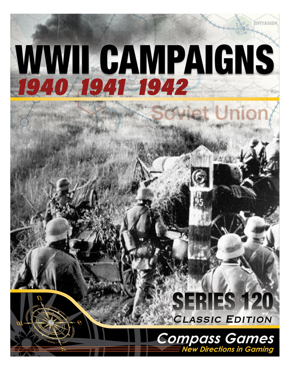 Front box artwork for Compass Games WWII Campaigns showing German soldiers with a supply cart at a border post