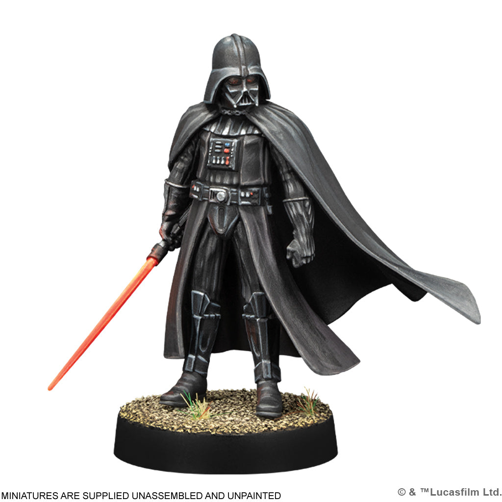 Assembled and professionally painted Darth Vader commander miniature with ignited red lightsaber from the SWQ02 starter set.