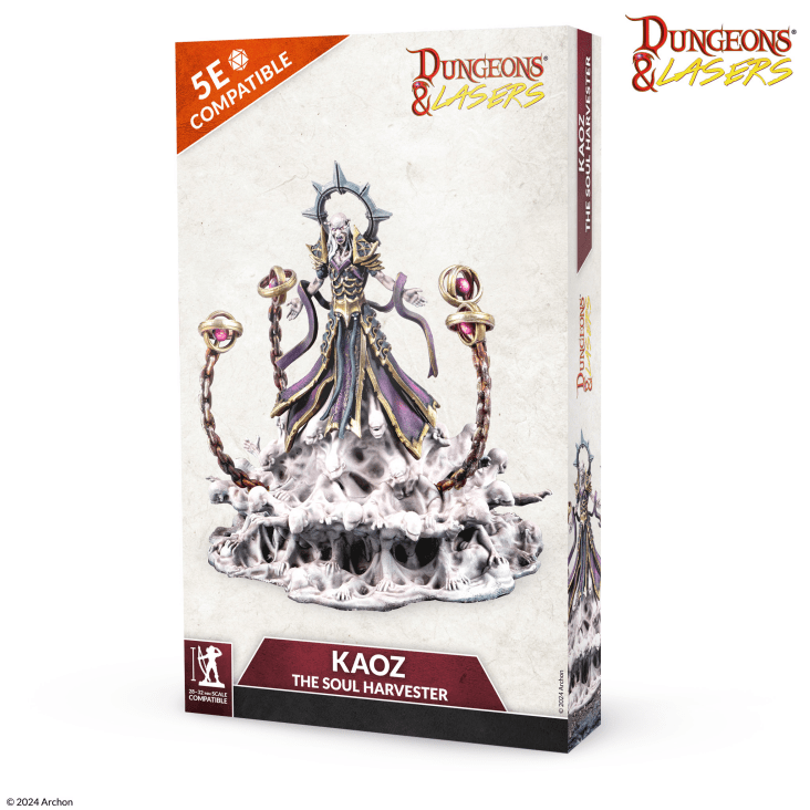 Retail box art packaging for Archon Studio Dungeons and Lasers Kaoz The Soul Harvester miniature displaying 5E compatibility logo