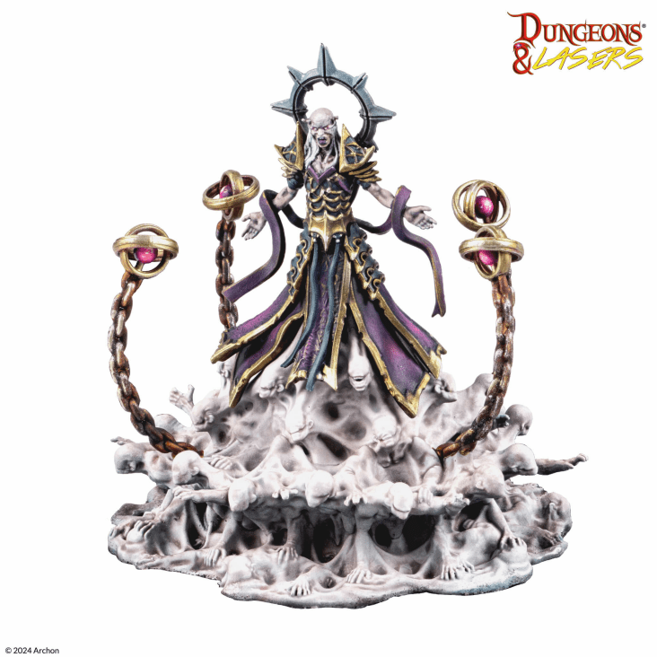 Fully assembled and painted example of the Kaoz miniature showcasing purple robes gold armor trim and the levitating orbital chains