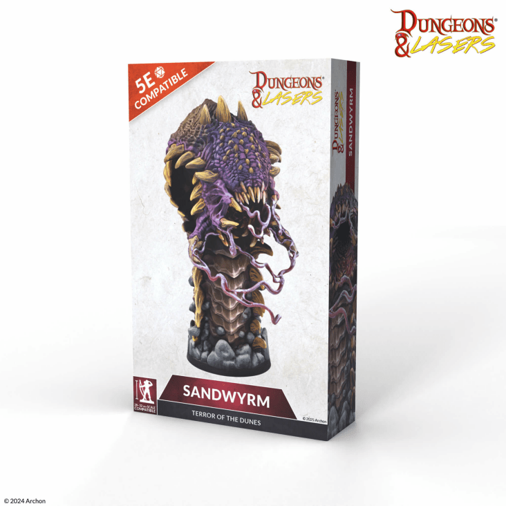 Retail box packaging for Archon Studio Dungeons and Lasers Sandwyrm Terror of the Dunes miniature displaying 5E compatibility badge
