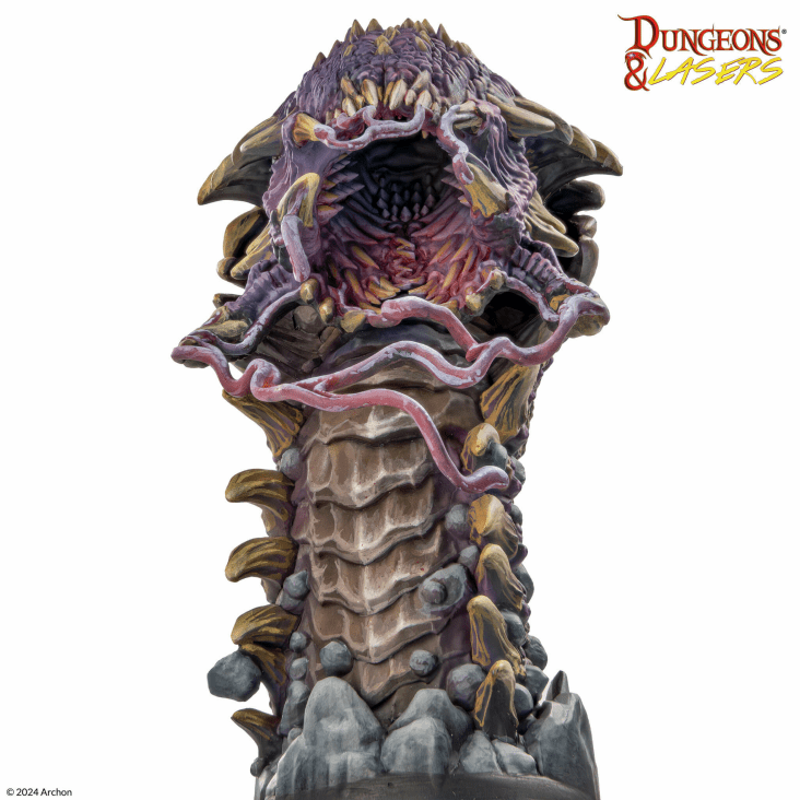 Detailed front close-up view of the painted Sandwyrm open mouth revealing rows of teeth and wrapping pink facial tendrils