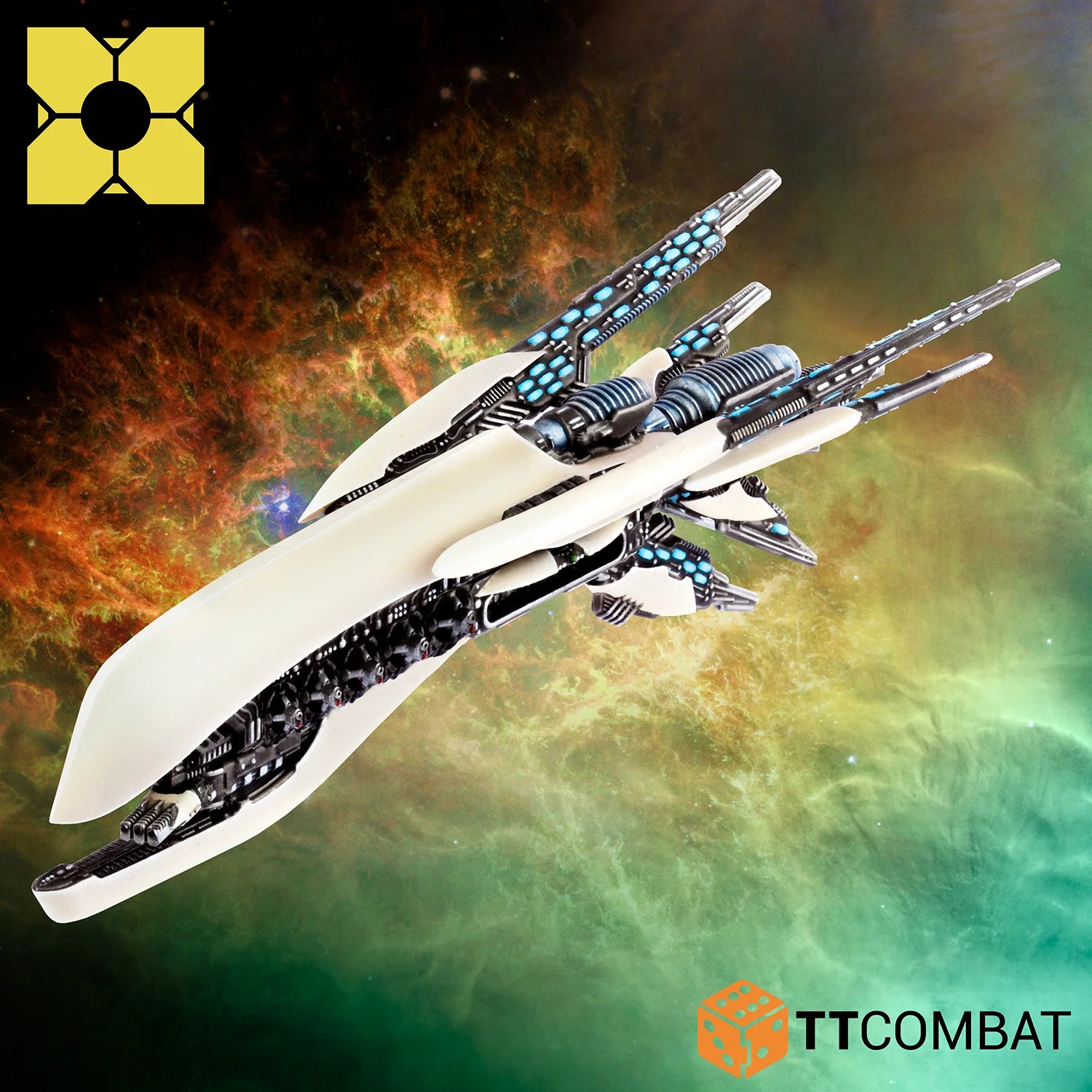 Top down studio view of the PHR Ikarus cruiser miniature variant showing the glowing blue power conduits and side weapon arcs