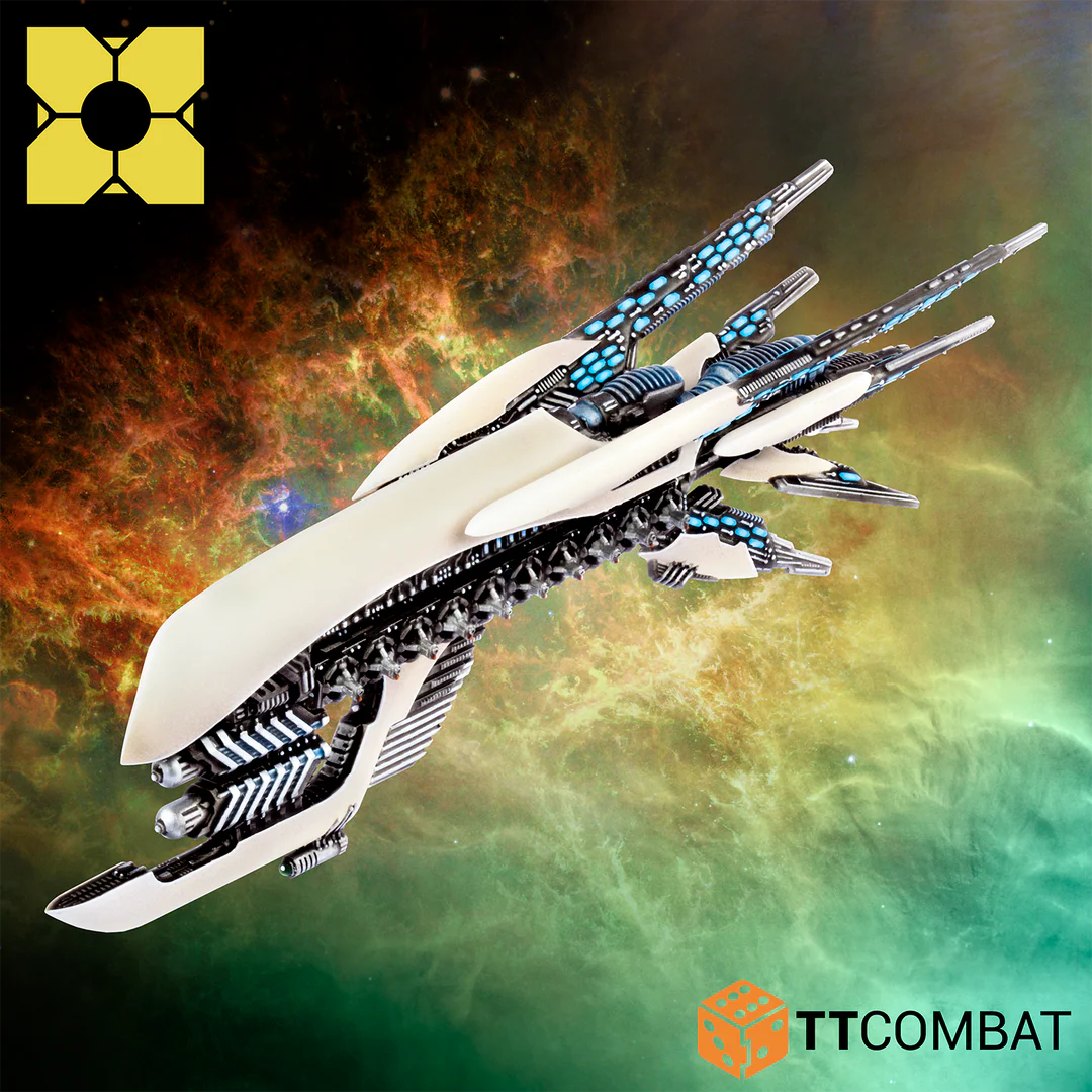 Close up view of a painted PHR Bellerophon class cruiser highlighting the sleek bone-white armor panels and under-slung rail gun batteries