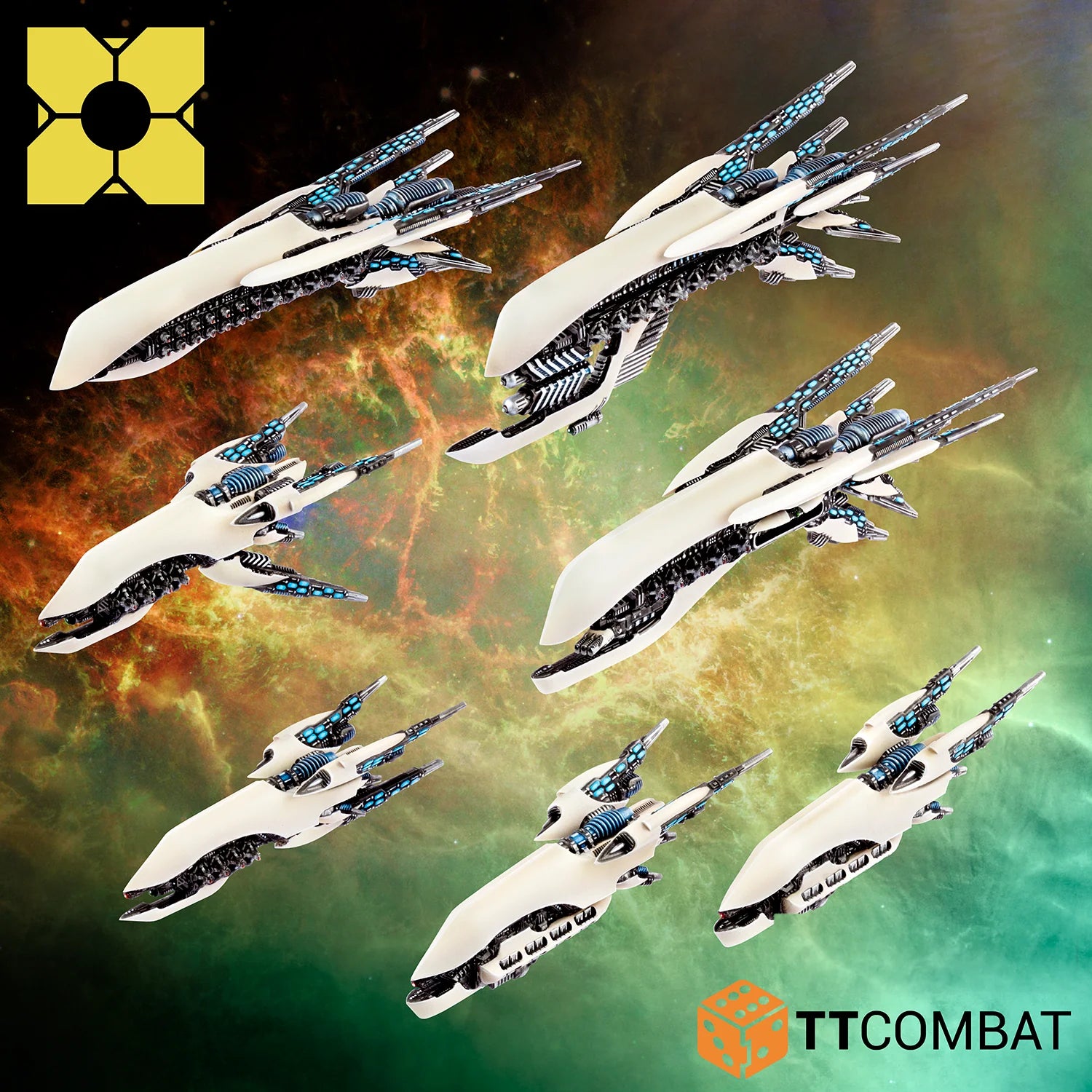 Studio painted models from the Post-Human Republic core ships fleet displaying three heavy cruisers and four tactical frigates