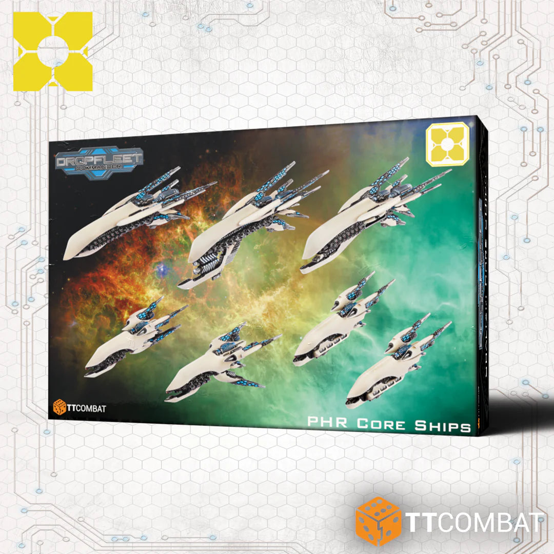 Box packaging for the TTCombat Dropfleet Commander PHR Core Ships miniature model set showing assembled white warships against a green space nebula backdrop