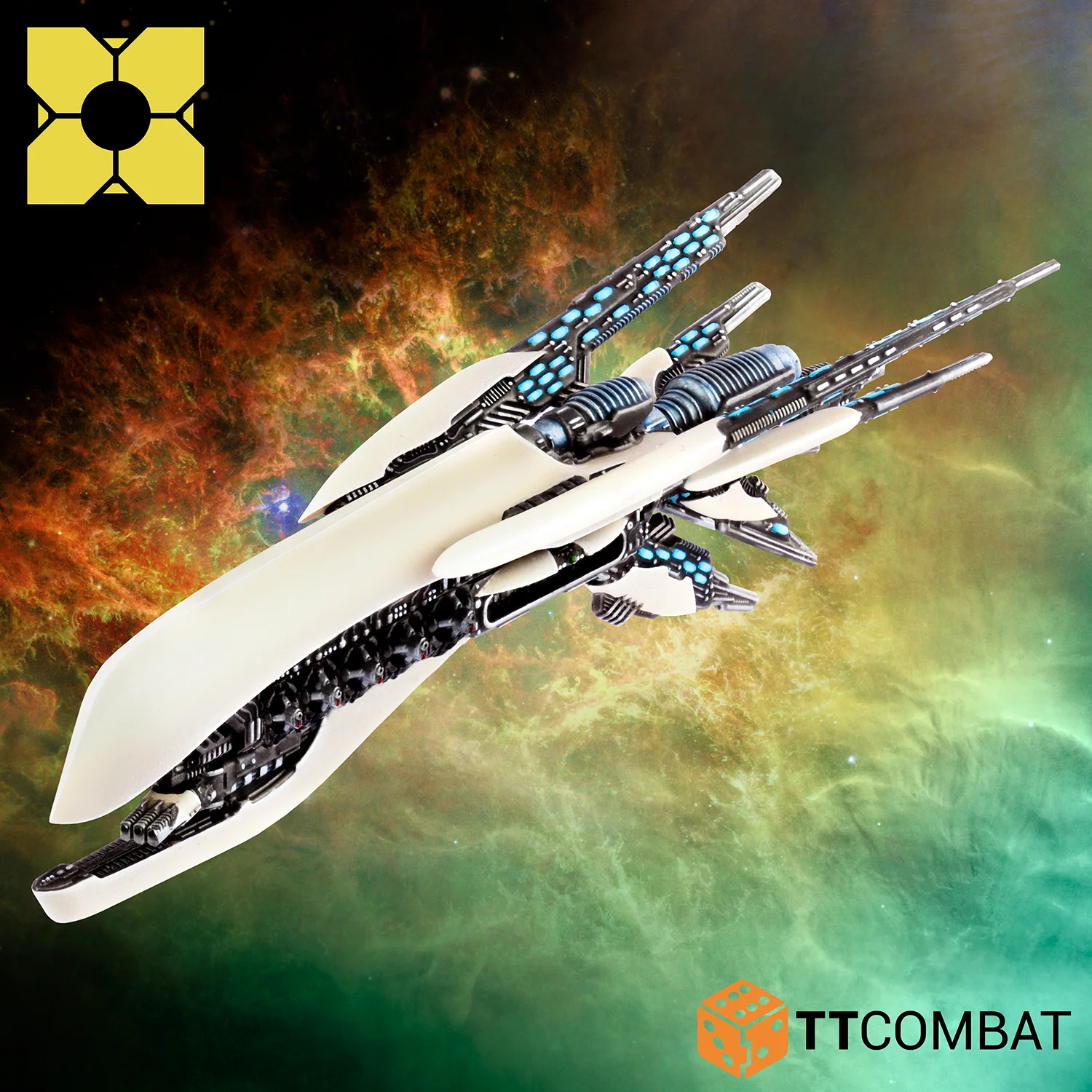 A painted PHR Europa frigate miniature positioned on a clear acrylic flight base over a cosmic starscape