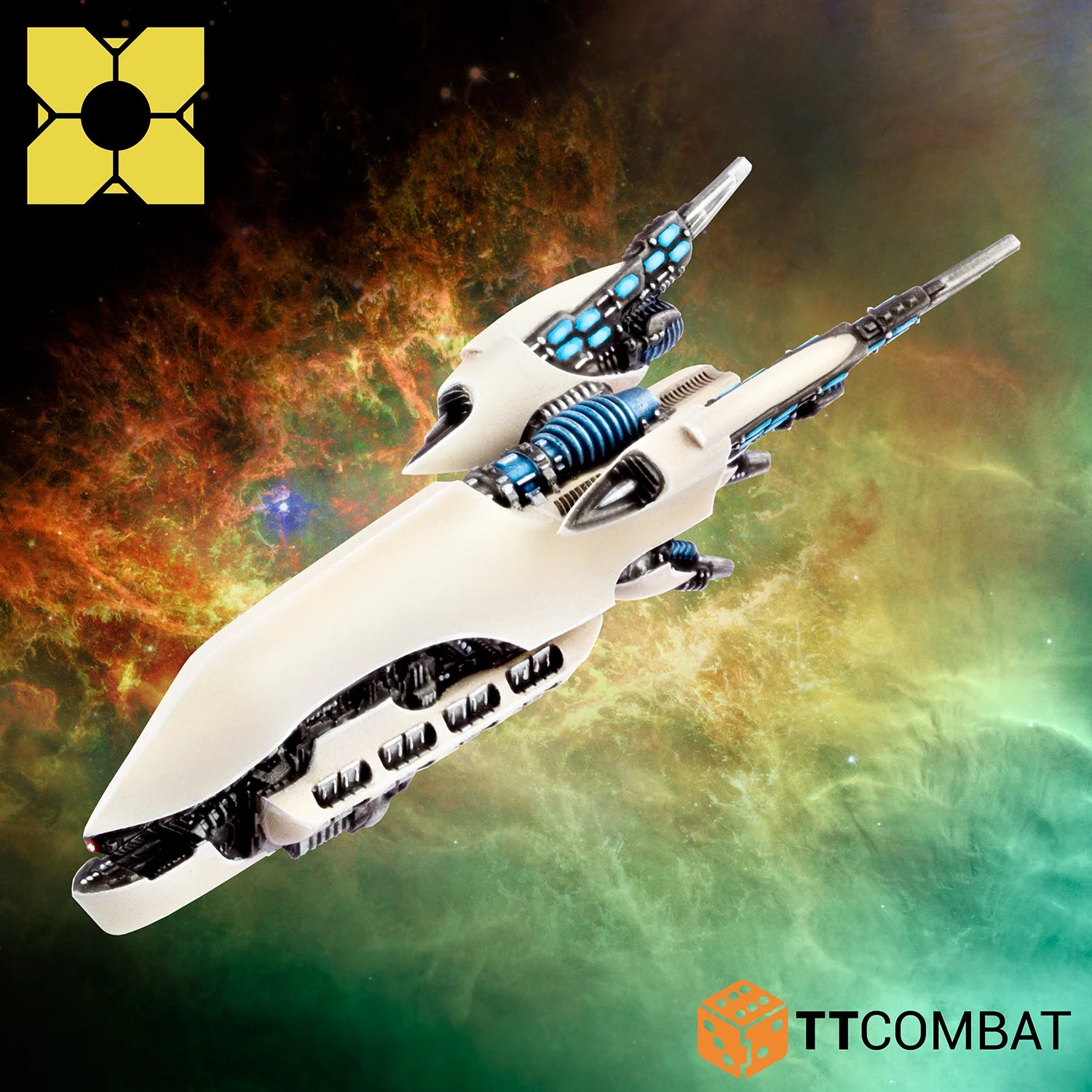 The tactical PHR Medea strike frigate miniature fully assembled and detailed with dark panel lining