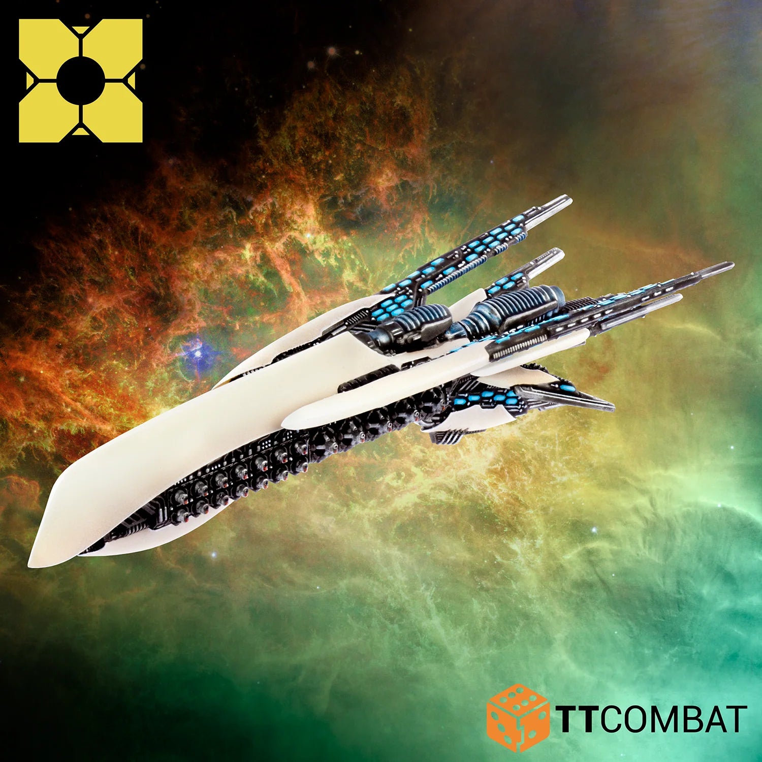 Profile showcase of the heavy PHR Theseus cruiser variant showing its massive broadside weapon banks