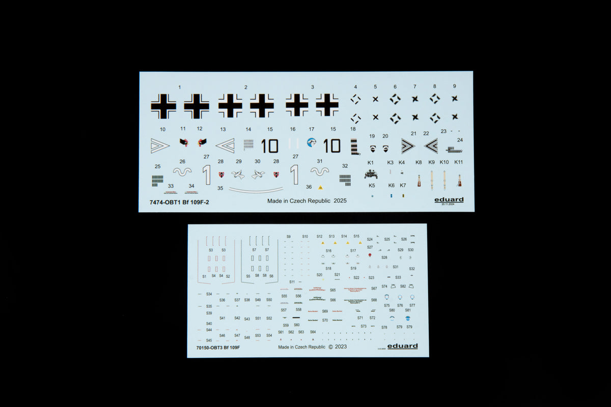 Eduard 1/72 scale Bf 109F-2 waterslide decal sheets with historical unit insignia and stencils 