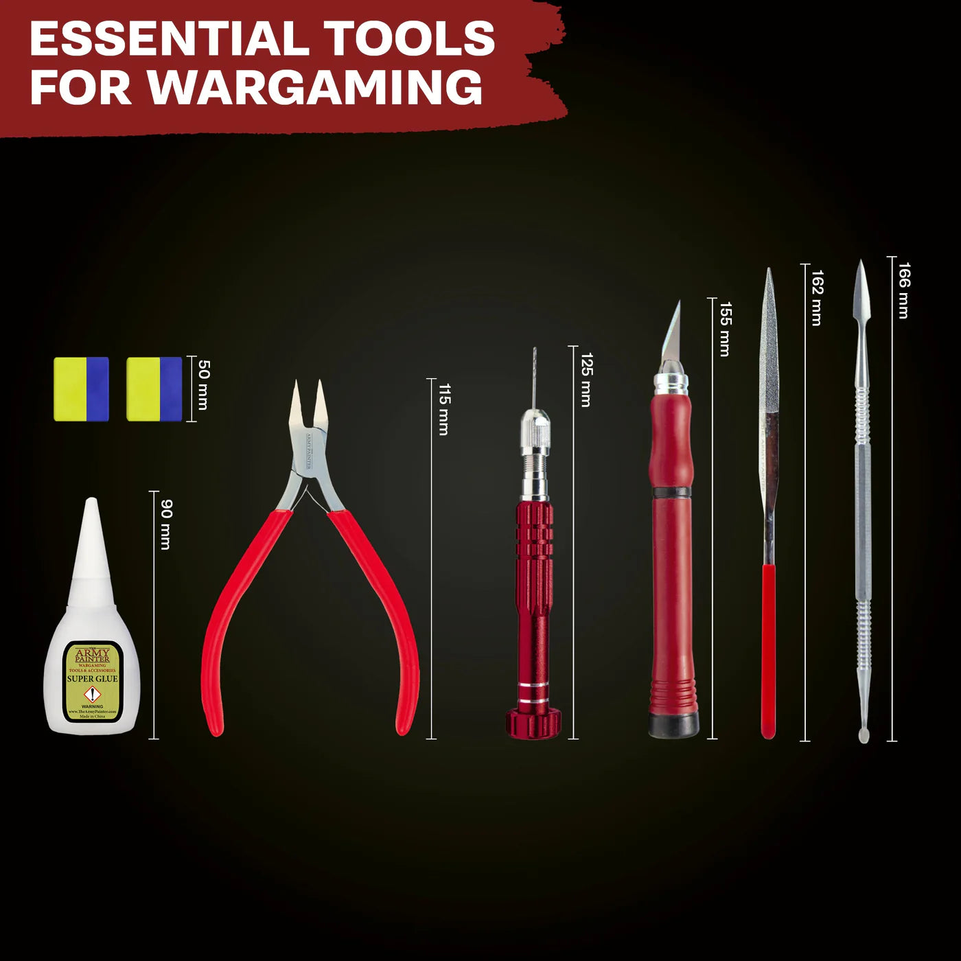 Diagram showing technical specifications for tool lengths, including the 166mm sculpting tool and 125mm hobby drill