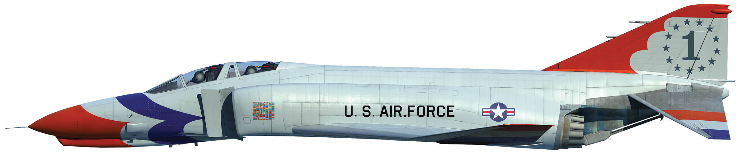 Technical side-profile illustration of the USAF Thunderbirds F-4E Phantom II airframe