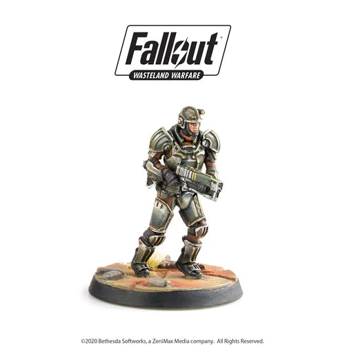 Studio-painted 32mm resin Brotherhood Knight Patrol miniature in combat armor advancing with a laser rifle