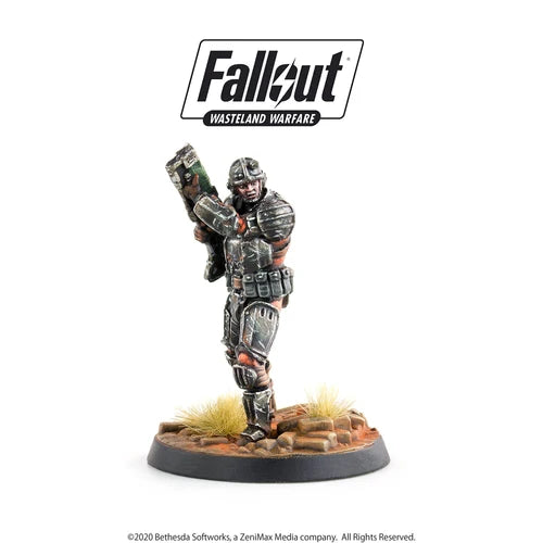 Front view of a studio-painted Brotherhood Knight Patrol miniature holding a laser rifle at the ready