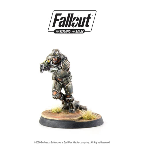 Studio-painted Brotherhood Knight Patrol miniature in dynamic running pose with combat armor