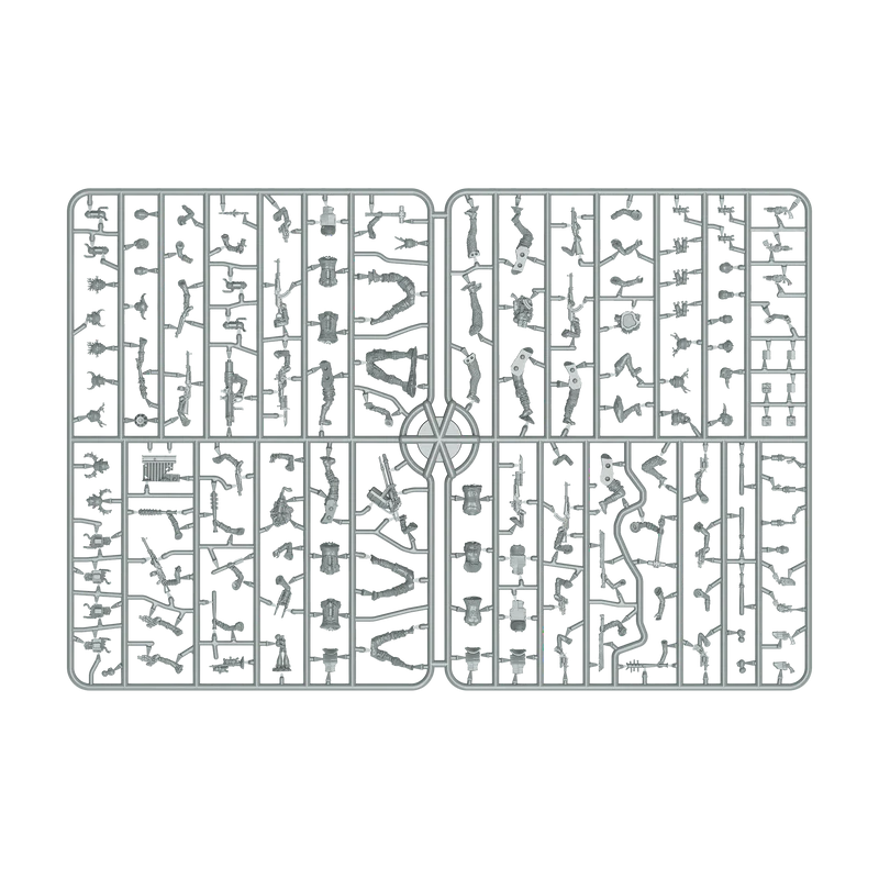 Back View High-fidelity multi-part hard plastic sprues for Fallout The Pack raider miniatures.