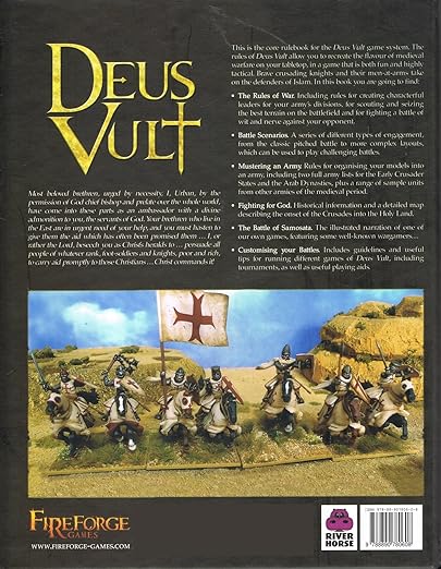 Back cover of the Deus Vult hardcover book detailing game features and miniature layouts. 