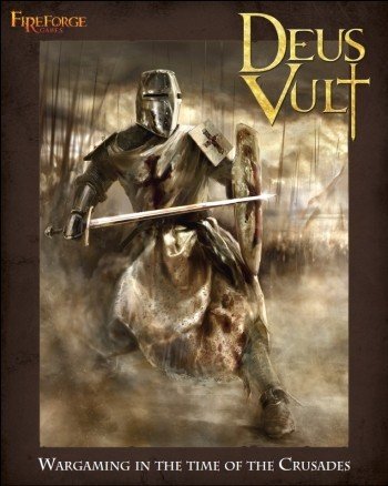 Front cover of the Fireforge Games Deus Vult wargaming core rulebook showing a Crusader knight. 