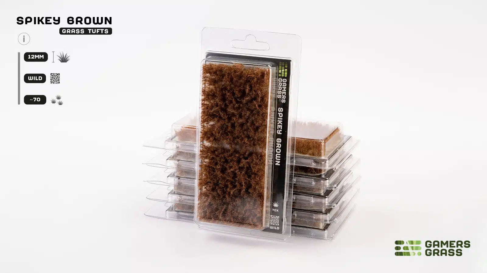 Official protective blister packaging for GamersGrass Spikey Brown 12mm technical tufts.