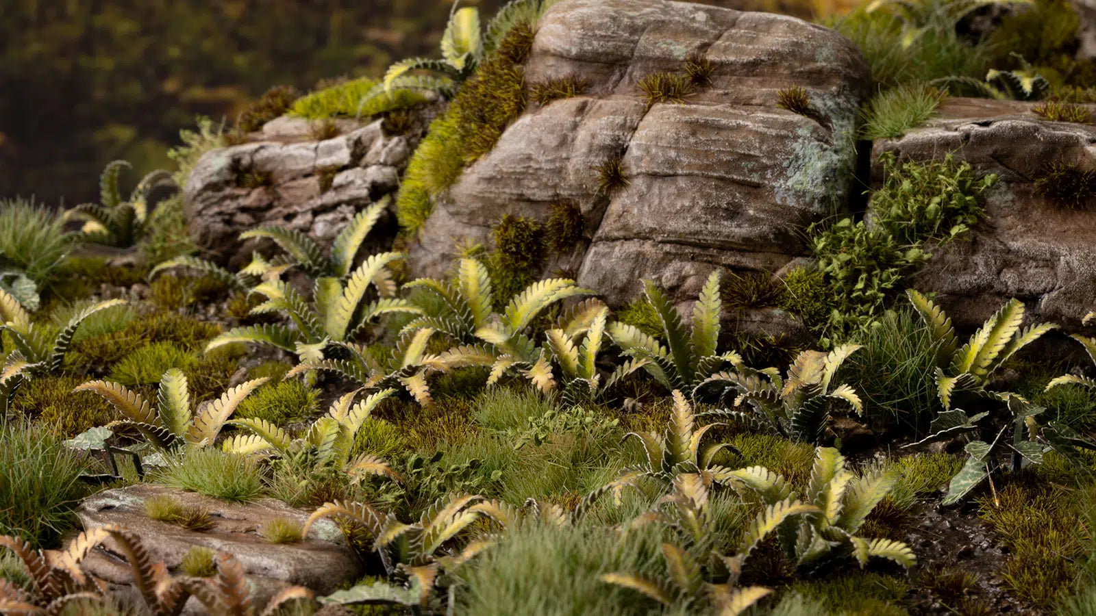 Professional forest diorama featuring GamersGrass Deer Ferns clustered near rocks and mossy ground texture.